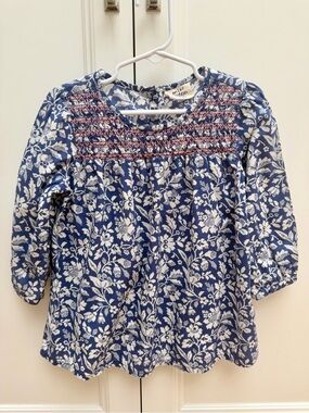 Mini Boden Girls 5-6Y Blue Floral Smocked Cotton Top Blouse